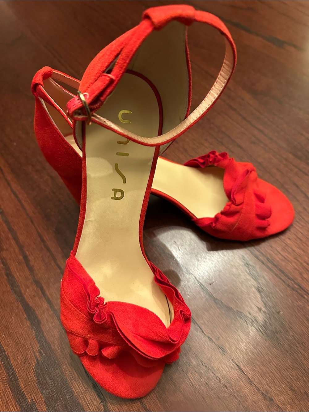 Unisa Red Ruffle Ankle-Strap Heels